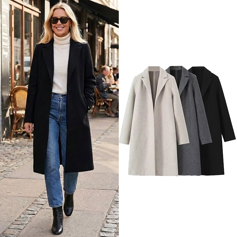 Wool Coat Peacoat - Willshela moda donna Solid Open Stitch